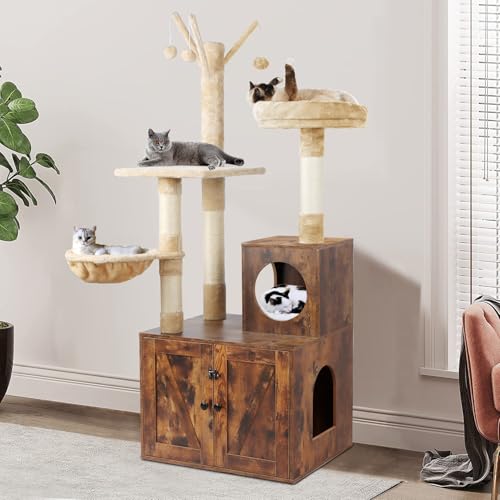 Timberer Katzenbaum Turm mit Katzentoilette Gehege 2 in 1 Holz Katzenhaus mit Sisal Kratzbaum Hängematte Braun Timberer Katzenbaum Turm mit Katzentoilette Gehege 2 in 1 Holz Katzenhaus mit Sisal Kratzbaum Hängematte Braun von Timberer