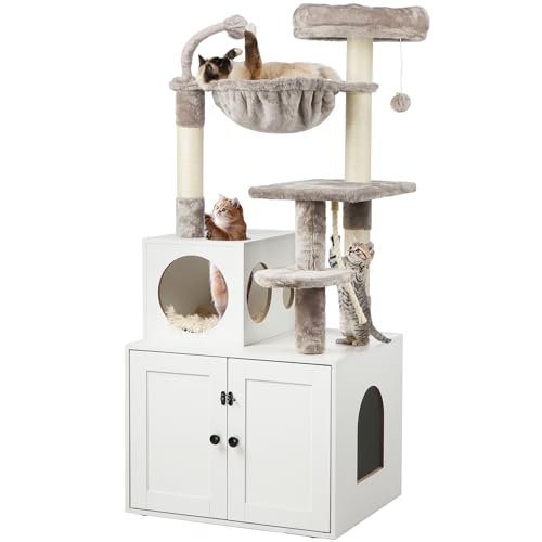 Timberer Kratzbaum mit Katzentoilette Gehege, 2 in 1 Katzenturm für Indoor Katzen, Große Katzenmöbel Holz Katzenhaus mit Korb, Kratzstämme, Pompons, Weiß von Timberer