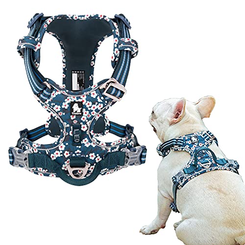 Tineer Blumenmuster No-Pull Hundegeschirr Reflektierendes Nylon Verstellbare Weiche, gepolsterte Weste Geschirr Training Einfacher Steuergriff für kleine mittelgroße Hunde (L Brust: 69-81cm, Blau) von Tineer