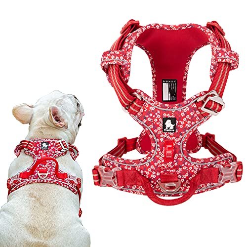 Tineer Blumenmuster No-Pull Hundegeschirr Reflektierendes Nylon Verstellbare Weiche, gepolsterte Weste Geschirre Training Einfacher Steuergriff für kleine mittelgroße Hunde (M Brust: 56-69cm, Rot) von Tineer