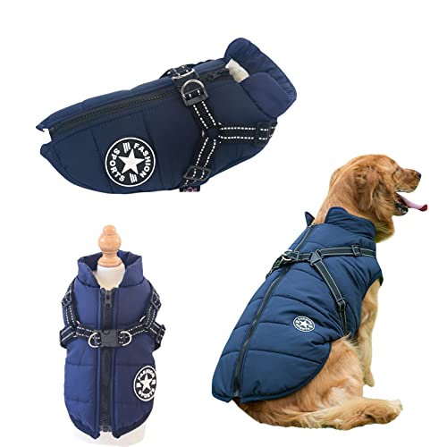 Tineer Haustier-Wintermantel mit Geschirr für kleine mittelgroße Hunde, wasserdichtes Fleece-Baumwollfutter, warme Haustierjacke, Kostüm für kaltes Wetter (2XL, Blau) von Tineer