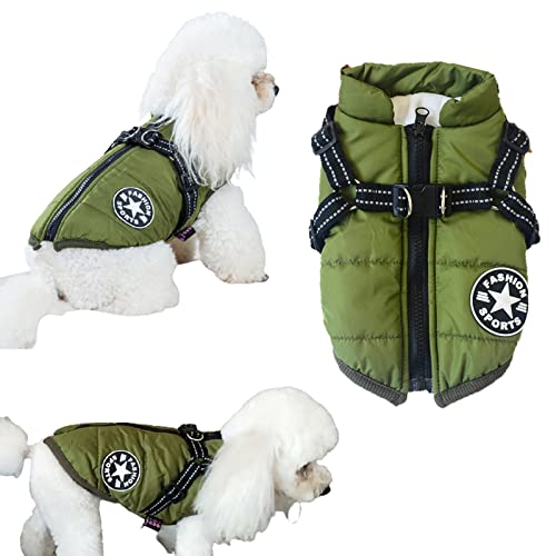 Tineer Haustier-Wintermantel mit Geschirr für kleine mittelgroße Hunde, wasserdichtes Fleece-Baumwollfutter, warme Haustierjacke, Kostüm für kaltes Wetter (4XL, Grün) von Tineer