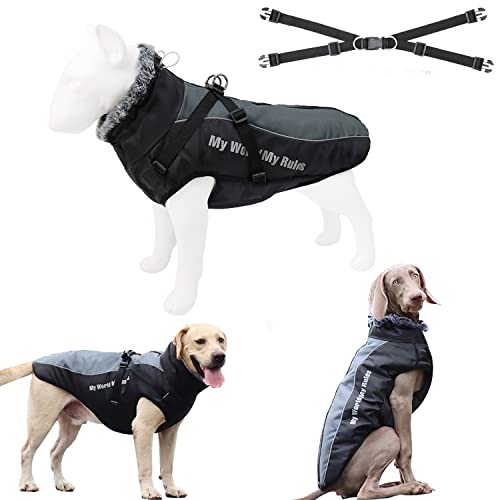 Tineer Warme Winter Hundejacke mit abnehmbarem Geschirr-Outfit, wasserdichter reflektierender Hundemantel mit Pelzkragen Kaltwetterkleidung Bekleidung für mittelgroße Hunde (3XL, Grau) von Tineer