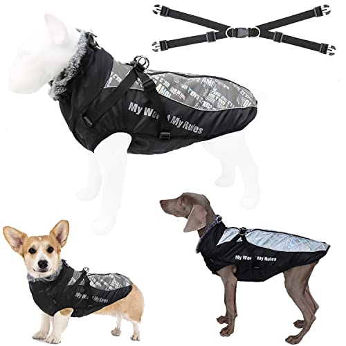 Tineer Warme Winter Hundejacke mit abnehmbarem Geschirr-Outfit, wasserdichter reflektierender Hundemantel mit Pelzkragen Kaltwetterkleidung Bekleidung für mittelgroße Hunde (XL, Silber Weiss) von Tineer