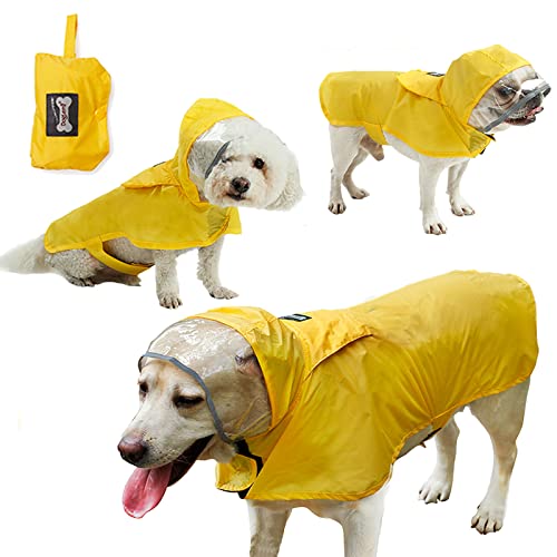 Tineer Wasserdichter Hunde-Regenmantel, tragbare, reflektierende Regenjacke für Haustiere mit Kapuzen-Slicker-Poncho für kleine, mittelgroße und große Hunde (L, Gelb) von Tineer