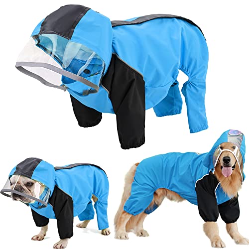 Tineer Wasserdichter Regenmantel für große Hunde – Haustier Outdoor Hoodie Regenmäntel mit Vier Beinen, Kapuzenjacke für kleine, mittelgroße und große Hunde (2XL, Blau) von Tineer