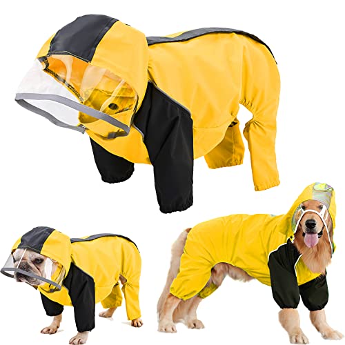 Tineer Wasserdichter Regenmantel für große Hunde – Haustier Outdoor Hoodie Regenmäntel mit Vier Beinen, Kapuzenjacke für kleine, mittelgroße und große Hunde (2XL, Gelb) von Tineer