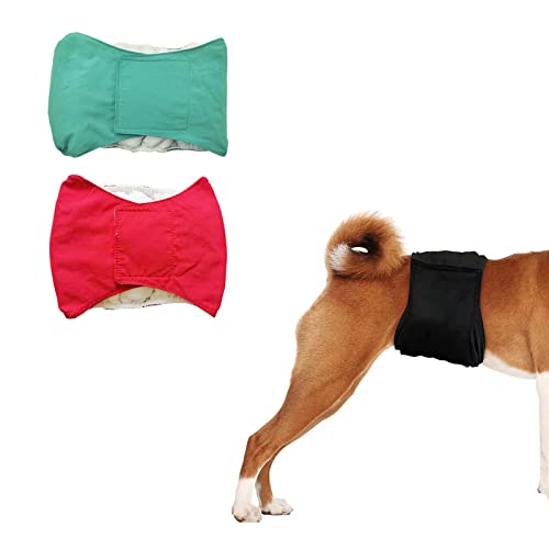 Tineer Wiederverwendbare Bauchbänder für Hunde, 2er-Pack Hundewindeln, waschbare, männliche Welpenwickel, saugfähige Hundewindeln, Bauchband für kleine, mittelgroße, männliche Hunde (L, Grün + Rot) von Tineer