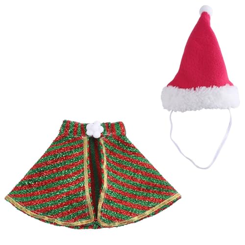 TingHaoO Haustierkostüm, Umhang und Weihnachtsmannmütze, Hund, Weihnachten, Party, Katzen, Kostüm, gestreifter Umhang, Hut für kleine Katzen, Hunde, Cosplay-Outfit von TingHaoO