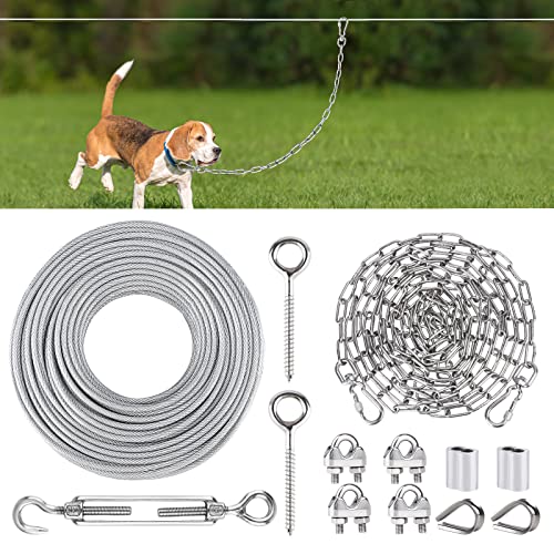 Hunde-Lauf-Trolley-System für den Hof, 30,5 m langes Seilzugkabel für Hunde bis zu 113,4 kg, mit 3 m strapazierfähigen Hundeketten für Außentraining, Laufen, Outdoor, Camping, Laufen zwischen Bäumen von tinnmao