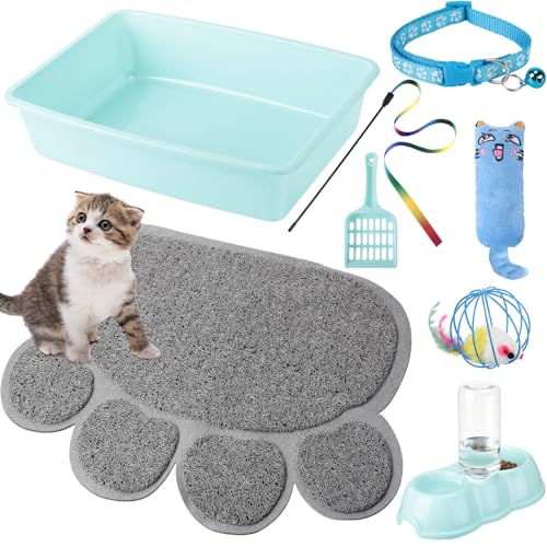 Starter-Set für kleine Katzen, 7-teilig, Katzentoilette mit Schaufel, Pfotentoilette, Matte, doppelte automatische Kätzchenschüssel, Spielzeug, Teaser, Stickkragen, Essentials-Kits für Anfänger von von Tioncy