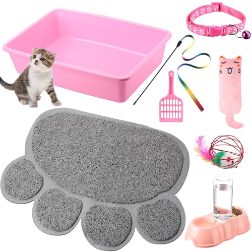 Starter-Set für kleine Katzen, 7-teilig, Katzentoilette mit Schaufel, Katzenpfoten-Matte, doppelte automatische Katzennäpfe, Katzenspielzeug, Teaser, Stick, Katzenhalsband, kleine Katzen, von Tioncy