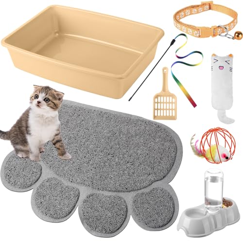 Starter-Set für kleine Katzen, 7-teilig, Katzentoilette mit Schaufel, Pfotentoilette, Matte, doppelte automatische Kätzchen-Schalen, Spielzeug, Teaser, Stickkragen, Essentials-Kits für Anfänger von von Tioncy