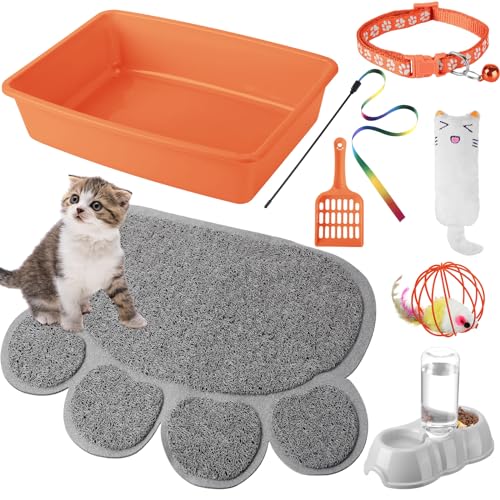 7-teiliges Starter-Set für kleine Katzen, Katzentoilette mit Schaufel, Katzenpfotenstreu, Matte, doppelte automatische Katzennäpfe, Katzenspielzeug, Teaser, Stick, Katzenhalsband, Essentials Kits für von Tioncy