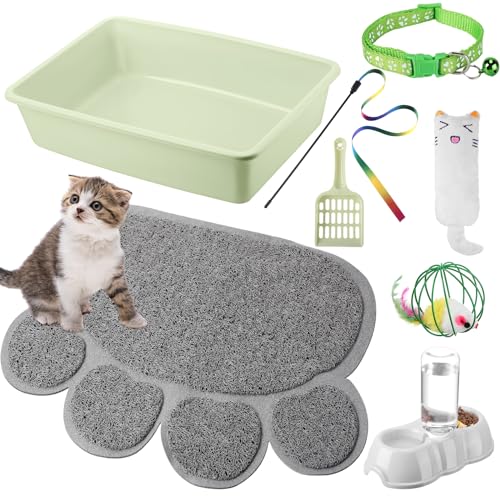 7-teiliges Starter-Set für kleine Katzen, Katzentoilette mit Schaufel, Katzenpfotenstreu, Matte, doppelte automatische Katzennäpfe, Katzenspielzeug, Teaser, Stick, Katzenhalsband, Essentials Kits für von Tioncy