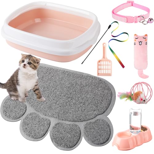 7-teiliges Starter-Set für kleine Katzen, Katzentoilette mit Schaufel, Katzenpfotenstreu, Matte, doppelte automatische Katzennäpfe, Katzenspielzeug, Teaser, Stick, Katzenhalsband, Essentials Kits für von Tioncy