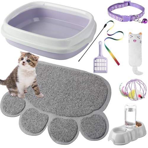 Starter-Set für kleine Katzen, 7-teilig, Katzentoilette mit Schaufel, Pfotentoilette, Matte, doppelte automatische Kätzchen-Schalen, Spielzeug, Teaser, Stickkragen, Essentials-Kits für Anfänger von von Tioncy