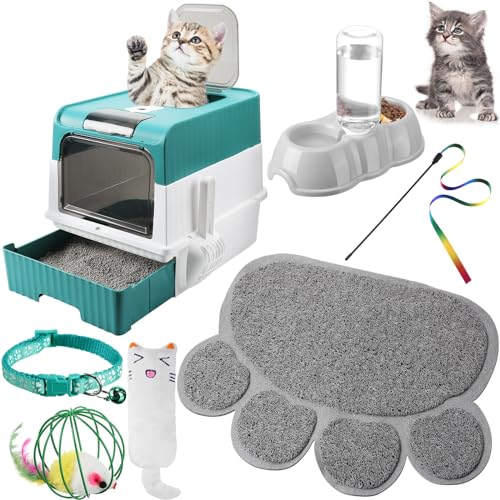 Tioncy 7-teiliges Starter-Set für kleine Katzen und Kätzchen, Katzentoilette mit Schaufel, Katzenpfoten-Matte, doppelte automatische Katzennäpfe, Katzenspielzeug, Teaser Stick, Katzenhalsband, von Tioncy