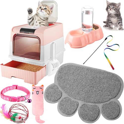 Tioncy 7-teiliges Starter-Set für kleine Katzen und Kätzchen, Katzentoilette mit Schaufel, Katzenpfoten-Matte, doppelte automatische Katzennäpfe, Katzenspielzeug, Teaser Stick, Katzenhalsband, von Tioncy