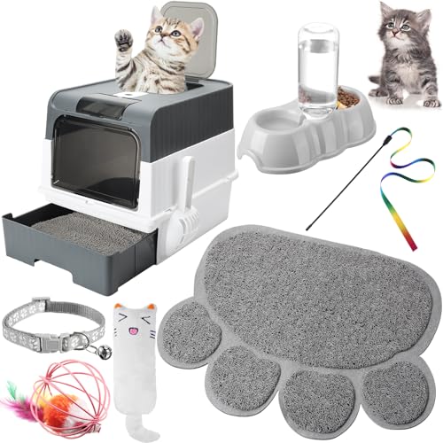 Tioncy Starter-Set für kleine Katzen, 7-teilig, Katzentoilette mit Schaufel, Pfotentoilette, Matte, doppelte automatische Schalen, Spielzeug, Teaser, Stab, Kätzchenhalsband, Essentials Kits für von Tioncy