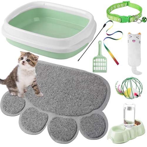 Starter-Set für kleine Katzen, 7-teilig, Katzentoilette mit Schaufel, Katzenpfoten-Matte, doppelte automatische Katzennäpfe, Katzenspielzeug, Teaser, Stick, Katzenhalsband, Essentials-Kits für von Tioncy