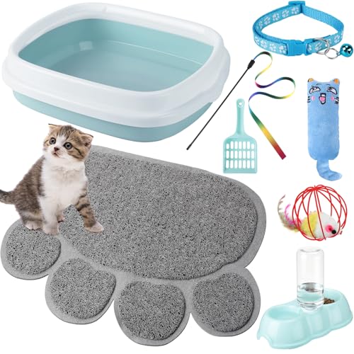 Starter-Set für kleine Katzen und Kätzchen, Katzentoilette mit Schaufel, Katzenpfoten-Matte, doppelte automatische Katzennäpfe, Katzenspielzeug, Teaser, Stick, Katzenhalsband, Essentials-Kits für von Tioncy