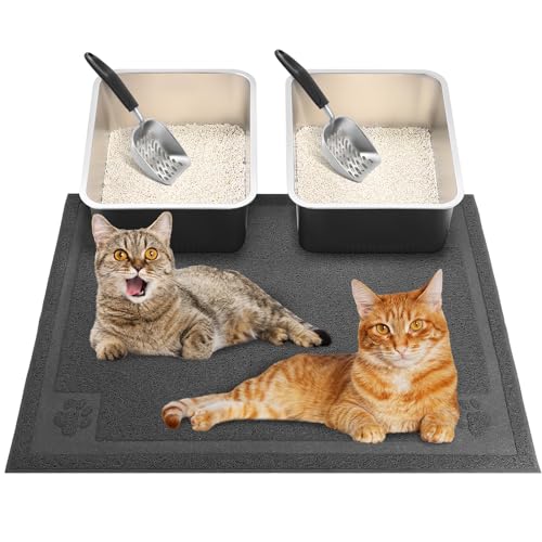 Tioncy 2 Set Edelstahl Katzentoilette und Katzenstreuschaufel mit 1 Stück Katzentoilette Matte Metall Katzentoilette Fangmatte Rutschfest Wasserdicht Weich auf Kitty Pfoten Leicht zu Reinigen von Tioncy