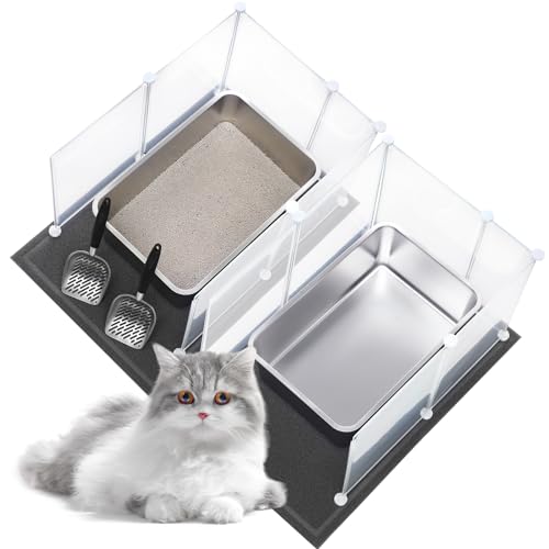 Tioncy 2 x extra große Edelstahl-Katzentoilette, 2 x Katzenstreuschaufel, 2 x Katzenstreu-Matte, 12 Ecken-Spritzschutz, nimmt keinen Geruch auf, rostfrei, antihaftbeschichtete glatte Oberfläche (60 x von Tioncy