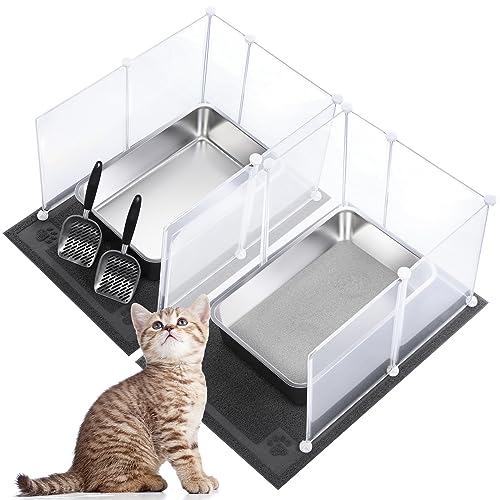 Tioncy 2er-Set Edelstahl-Katzentoilette aus Metall, inklusive 2 Metall-Katzenstreuschaufeln, 2 Katzenstreu-Matten, 12 Streu-Spritzschutz, hochseitige Geruchskontrolle, rostfrei (60 x 40 x 15 cm) von Tioncy