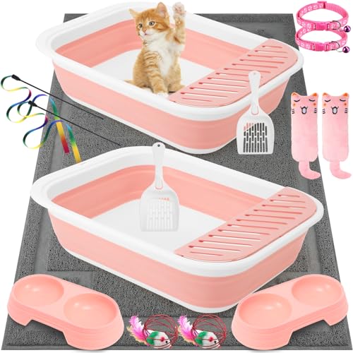 Katzentoiletten-Starter-Set, faltbar, mit Schaufel, kleine Katzentoilette, Pfotentoilette, Matte, Katzenhalsbänder, Katzennäpfe, Katzenspielzeug, Teaser Stick für Anfänger, Rosa, 2 Stück von Tioncy