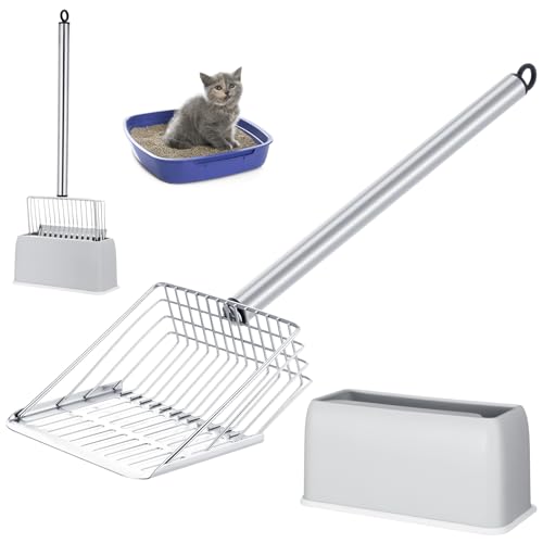 Tioncy Metall-Katzentoilettenschaufel mit Halter, 44,1 cm langer Griff, Katzenschaufel für Katzentoilette, tiefe Katzentoilette, schneller Sieb, Schaufel, Edelstahl, Katzenstreu, Siebschaufel, von Tioncy