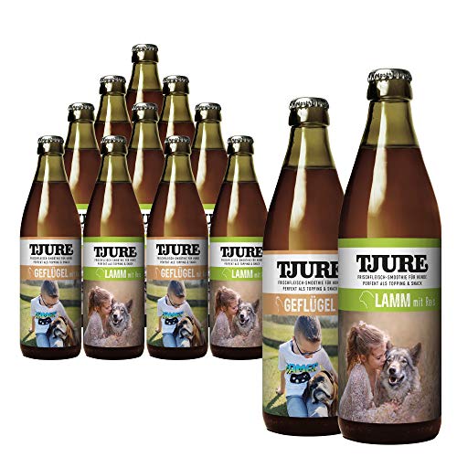 TJURE Hunde-Fleischsmoothie 10 + 2 x 320ml Mixaktion 6 x Geflügel + 6 x Lamm - Flüssignahrung für Hunde zu Hause und unterwegs - Optimale Flüssigkeitszufuhr für aktive Hunde & trinkfaule Vierbeiner von Tjure