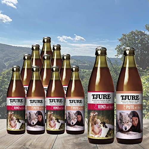 TJURE Dog Hundesmoothie 10 + 2 x 320ml Mixaktion 6 x Pute + 6 x Rind - Flüssignahrung für Hunde zu Hause und unterwegs - Optimale Flüssigkeitszufuhr für aktive & trinkfaule Hunde von Tjure