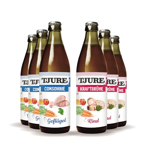 TJURE Kraftbrühe Mix Box 320ml - 6 x Geflügel, 6 x Rind, Flüssignahrung für Hunde und Katzen- Optimaler Energielieferant und Flüssigkeitszufuhr für trinkfaule Vierbeiner von Tjure