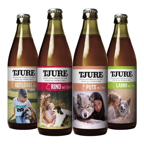 TJURE Dog Fleischsmoothie starte mit All in One Huhn, Rind, Lamm und Pute für Hunde|mit ausgesuchten Zutaten|Optimale Flüssigkeitszufuhr für alle Hunde| 4 x 320ml von Tjure