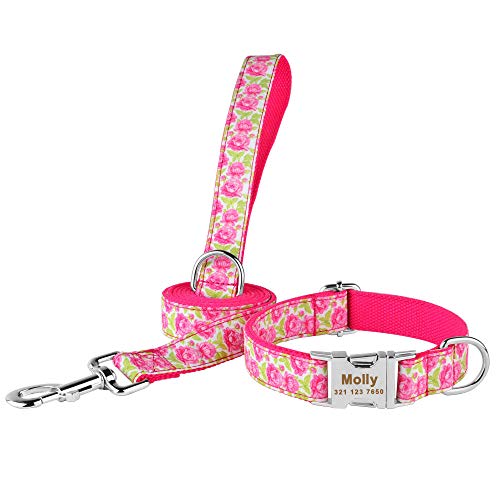 Hundeleine Verstellbares Nylon Cooles Hundehalsband geschnitzter Name Telefon Blau Pitbull Personalisierte Hundehalsbänder Hundezubehör Tag-Rosey_Set_S von Tlwrnop