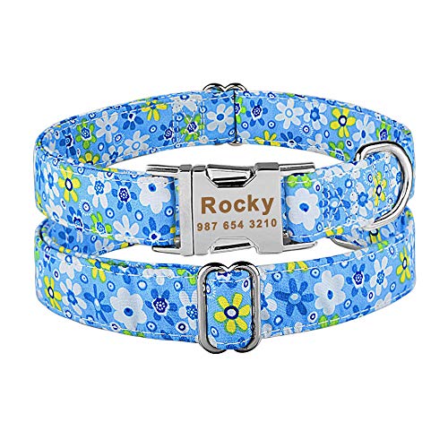 Personalisiertes Hundehalsband Nylon mit Blumen- und Metallschnalle Kleiner mittlerer großer Welpe Gravierte Namenshalsbänder Haustier Katze Hundebedarf-Blau_M_32-52cm__ von Tlwrnop