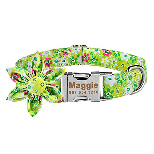 Personalisiertes Hundehalsband Nylon mit Blumen- und Metallschnalle Kleiner mittlerer großer Welpe Gravierte Namenshalsbänder Haustier Katze Hundebedarf-Grün_Set_XL_43-71cm__ von Tlwrnop