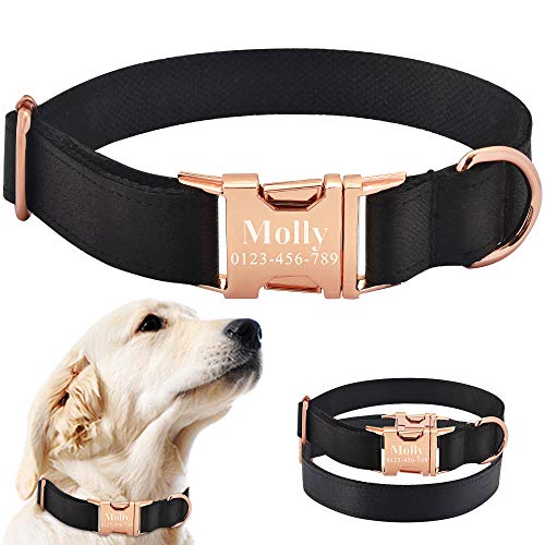 Personalisiertes Hundehalsband & Etikett Schwarzer Stoff Graviert ID Name Kleines großes Haustier Nylon Hundehalsband Metallschnalle Burable-L_35-56cm__ von Tlwrnop