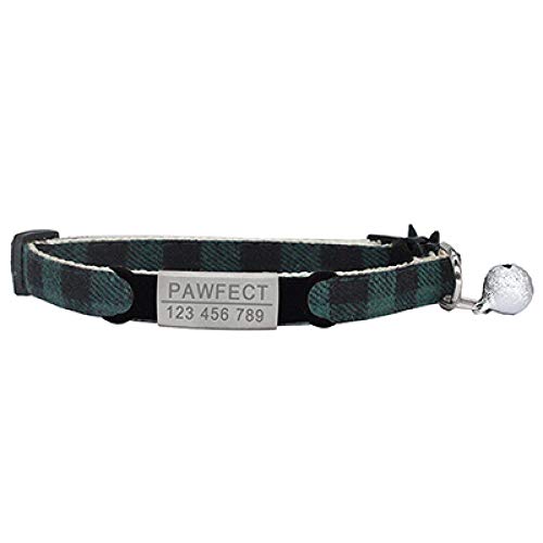 Tlwrnop Plaid Cat Collar Personalisierte ID Gravur Safety Breakaway Small Dog Cute Einstellbar für Welpen Kätzchen Halskette-Z-Green_Sliver_19-32cm von Tlwrnop