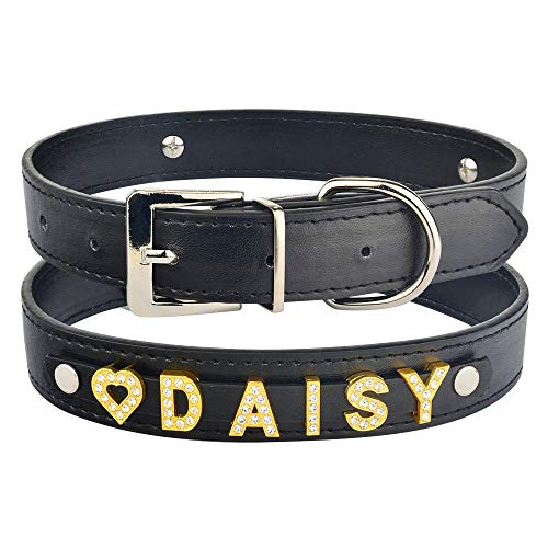 Tlwrnop Anpassen DIY Strass Buchstaben Haustier Hundehalsbänder Welpen Katze Halskette & Charms Personalisierter Name Hundehalsband Lederhalsband-Black-Gold_Word_M_30-39cm von Tlwrnop