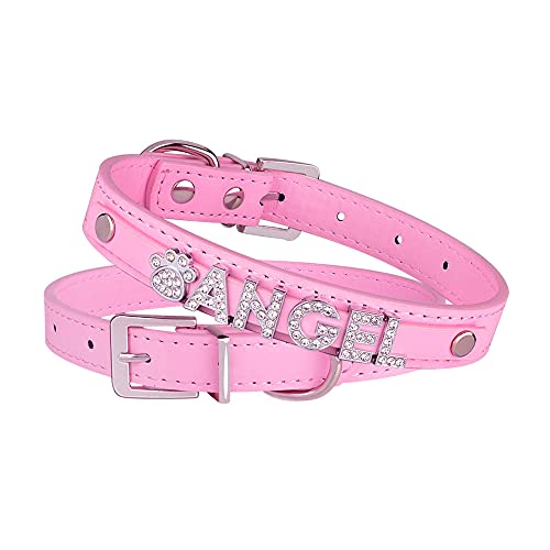 Tlwrnop Anpassen DIY Strass Buchstaben Haustier Hundehalsbänder Welpen Katze Halskette & Charms Personalisierter Name Hundehalsband Lederhalsband-Pink-Silver_XS_20-27cm von Tlwrnop