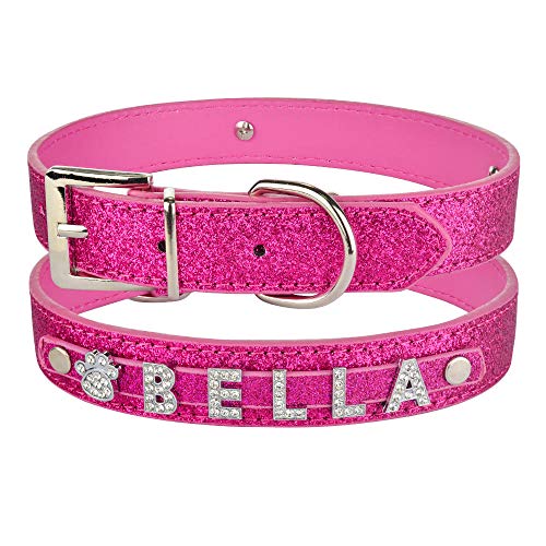 Tlwrnop Anpassen DIY Strass Buchstaben Haustier Hundehalsbänder Welpen Katze Halskette & Charms Personalisierter Name Hundehalsband Lederhalsband-Rose_red-Flash_L_36-46cm von Tlwrnop