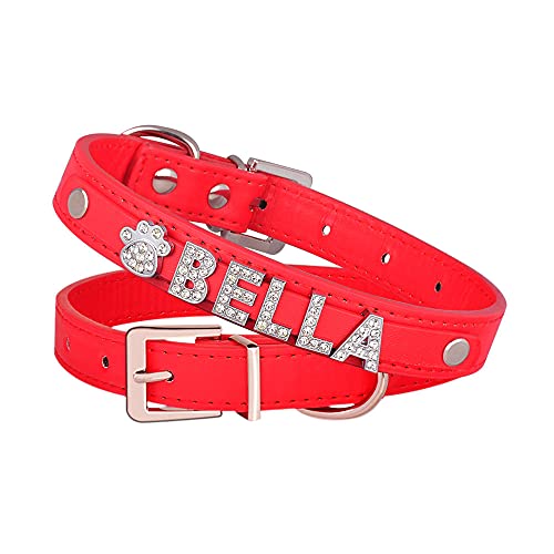 Tlwrnop Anpassen DIY Strass Buchstaben Haustier Hundehalsbänder Welpen Katze Halskette & Charms Personalisierter Name Hundehalsband Lederhalsband-Rot-Silber_S_26-33cm von Tlwrnop