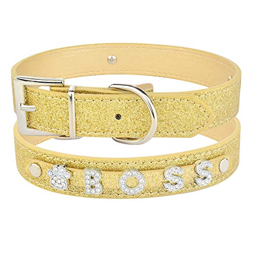 Tlwrnop Anpassen DIY Strass Buchstaben Haustier Hundehalsbänder Welpen Katze Halskette & Charms Personalisierter Name Hundehalsband Lederhalsband-Yellow-Flash_XS_20-27cm von Tlwrnop