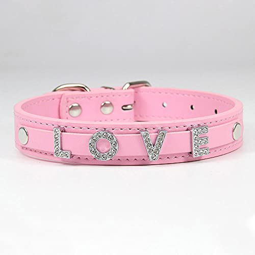 Tlwrnop Benutzerdefinierte ID Name Leder Hundehalsband Personalisierte Strass Buchstaben Charms Welpenhalsriemen Halsbänder für Katze Chihuahua Zubehör-Pink_XL von Tlwrnop