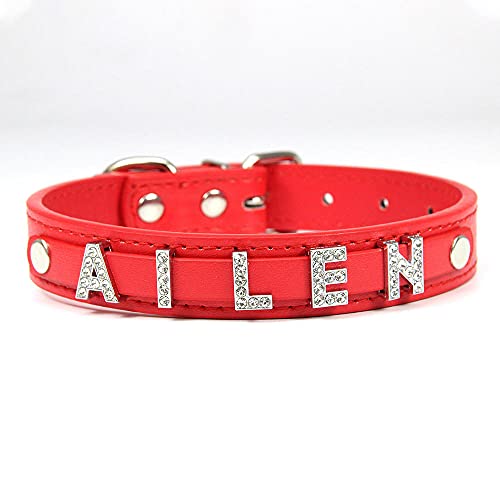 Tlwrnop Benutzerdefinierte ID Name Leder Hundehalsband Personalisierte Strass Buchstaben Charms Welpenhalsriemen Halsbänder für Katze Chihuahua Zubehör-Red_S von Tlwrnop