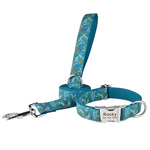 Tlwrnop Hundeleine Set S-Medium Groß Personalisierte Hundehalsband Blume Benutzerdefiniert Graviert Name ID Tag Zubehör Hundehalsbänder Tierbedarf-Blue_Set_M von Tlwrnop