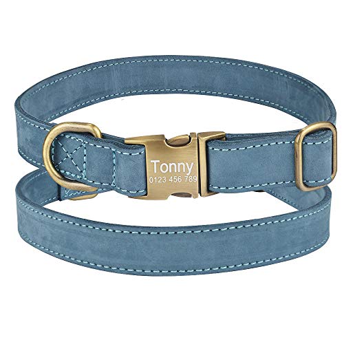 Tlwrnop Leder Hundehalsband Personalisierter Welpenname Benutzerdefinierte Gravierte Jungen Mädchen Schnalle SL-Blue_M_ (27-40_cm) von Tlwrnop