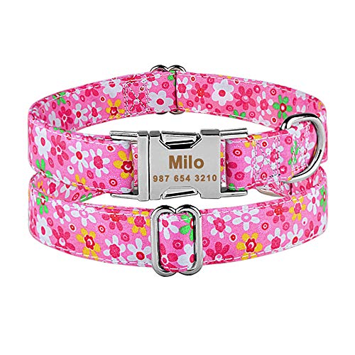 Tlwrnop Personalisierte Hundehalsband Nylon mit Blume und Metallschnalle Klein Mittel Groß Welpe Gravierte Namenshalsbänder Haustier Katze Hund Supplies-Pink_XL_43-71cm__ von Tlwrnop